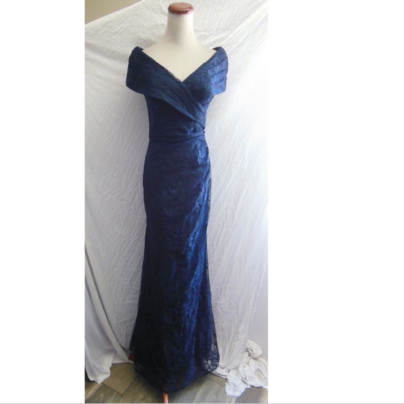 NEW LA FEMME Navy PORTRAIT NECK Ruched Waist SPARKLE LACE Trumpet EVENING GOWN 8 - Picture 11 of 16